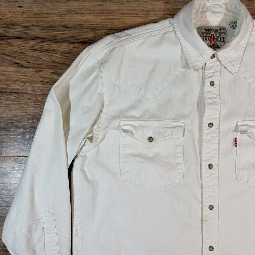 VTG Levi's Red Tab Mens MD White Denim Pearl Snap Western Long Sleeve Shirt 90s - Picture 2 of 14